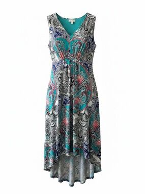 Chico's Teal Paisley Sleeveless High-Low Dress with Pink Accents - Cruise Time!